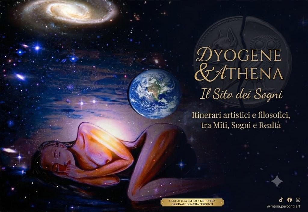 Banner della Home Page di Dyogene&Athena. Opera d'arte originale di Maria Perconti raffigurante una donna in posizione fetale che sogna immersa nel cosmo, con la Terra, una galassia e il medaglione simbolico.